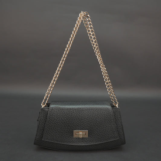 Real leather black handbag with brass chain, zipper compartment, shoulder strap, stylish and practical daily use bag