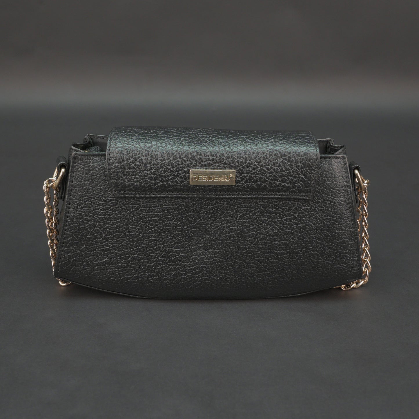 Real leather black handbag with brass chain, zipper compartment, shoulder strap, stylish and practical daily use bag