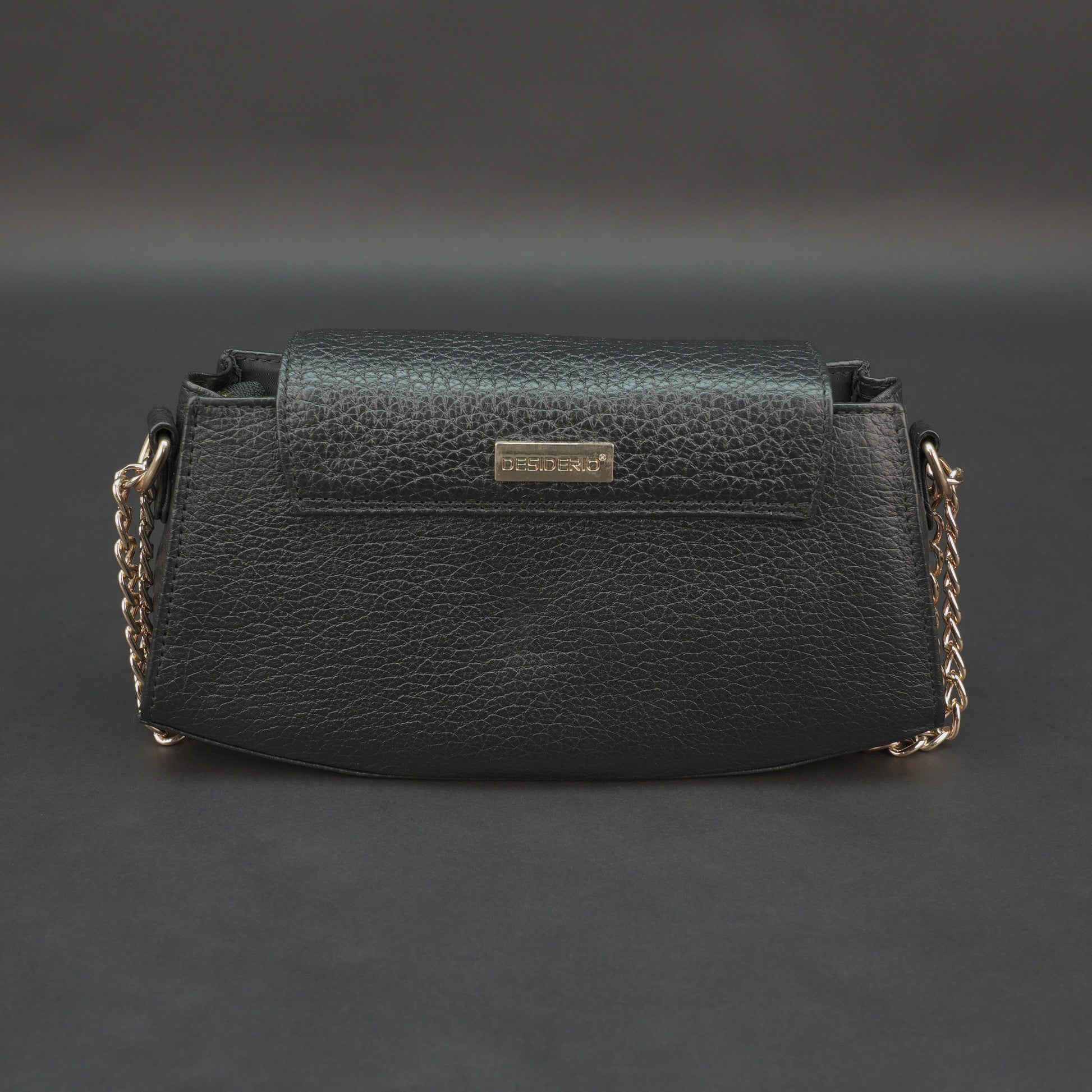 Real leather black handbag with brass chain, zipper compartment, shoulder strap, stylish and practical daily use bag