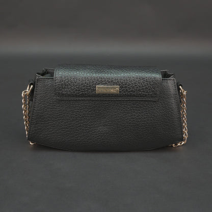Real leather black handbag with brass chain, zipper compartment, shoulder strap, stylish and practical daily use bag