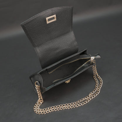 Real leather black handbag with brass chain, zipper compartment, shoulder strap, stylish and practical daily use bag