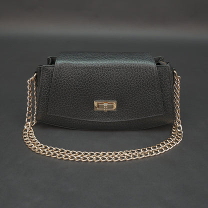 Real leather black handbag with brass chain, zipper compartment, shoulder strap, stylish and practical daily use bag
