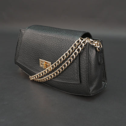 Real leather black handbag with brass chain, zipper compartment, shoulder strap, stylish and practical daily use bag