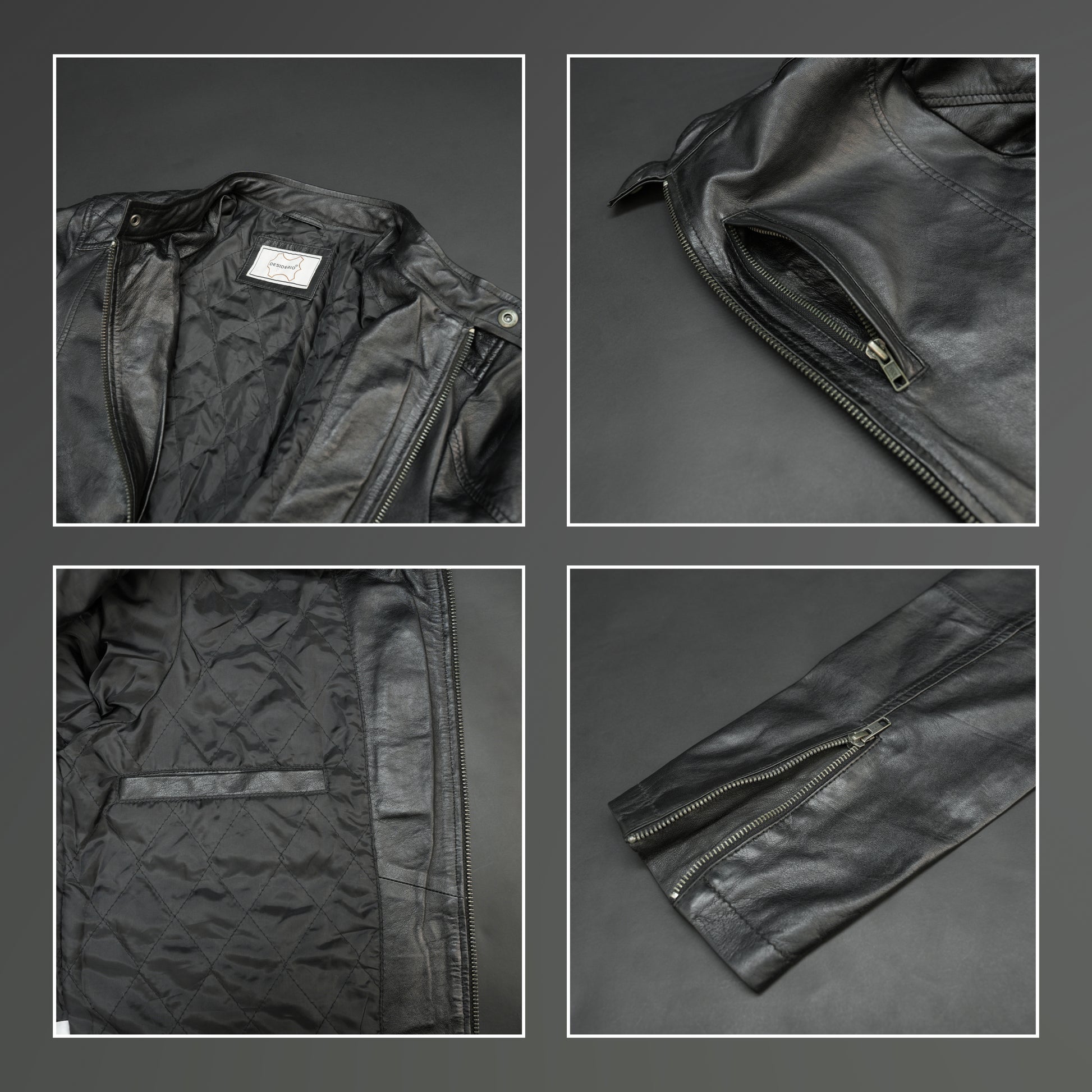 Black jacket with front zip closure, snap-button collar, zippered cuffs, multiple pockets including two side pockets, one vertical front pocket, and one inner pocket, offering a stylish and functional everyday design