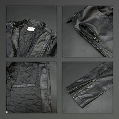 Black jacket with front zip closure, snap-button collar, zippered cuffs, multiple pockets including two side pockets, one vertical front pocket, and one inner pocket, offering a stylish and functional everyday design