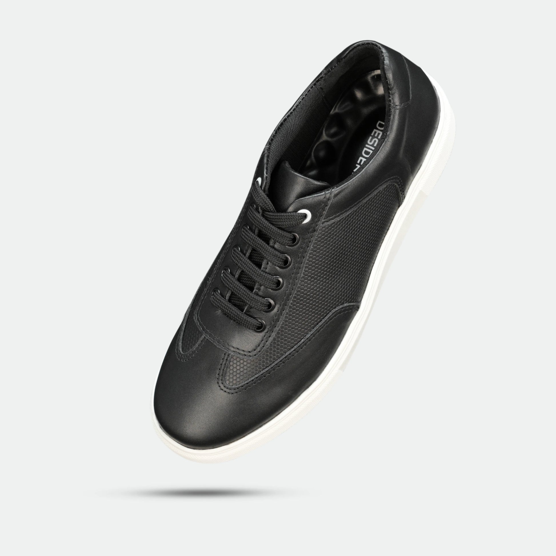 Black cow printed leather sneakers with mesh lining and TPR sole for comfort and durability