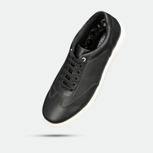 Black cow printed leather sneakers with mesh lining and TPR sole for comfort and durability