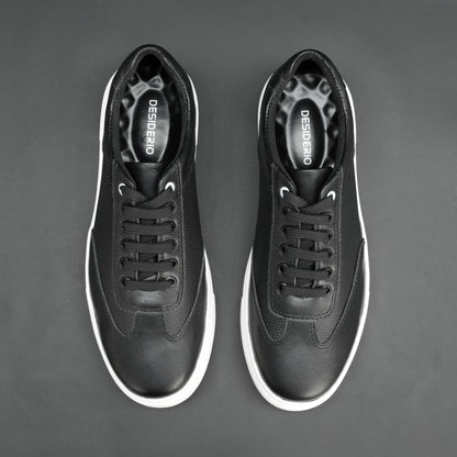 Black cow printed leather sneakers with mesh lining and TPR sole for comfort and durability