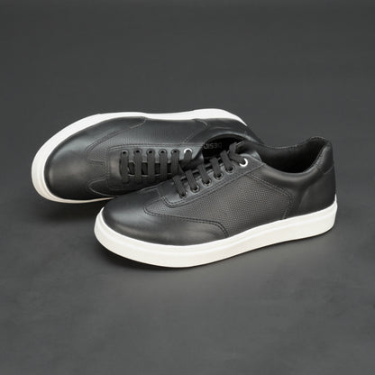 Black cow printed leather sneakers with mesh lining and TPR sole for comfort and durability