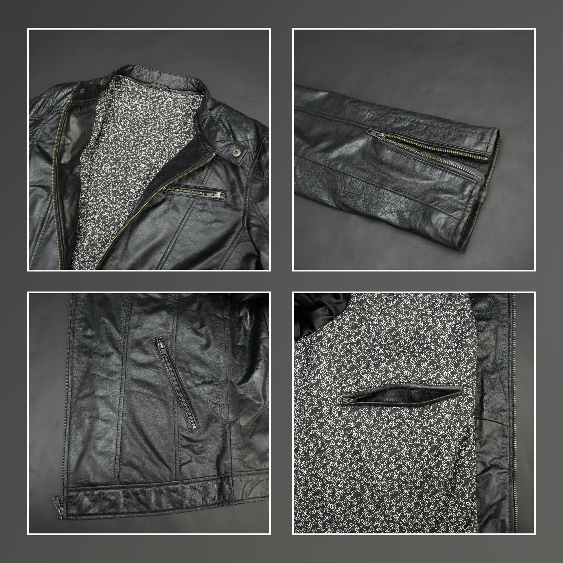 Men’s black jacket with front zip closure, two side pockets, one upper right front pocket, zip cuffs, snap-button collar, and an inside zipper pocket, combining style and functionality