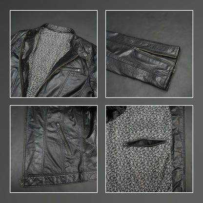 Men’s black jacket with front zip closure, two side pockets, one upper right front pocket, zip cuffs, snap-button collar, and an inside zipper pocket, combining style and functionality