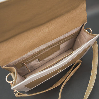 Real leather brown crossbody handbag with zipper compartment, inner pocket, shoulder strap, stylish everyday use bag