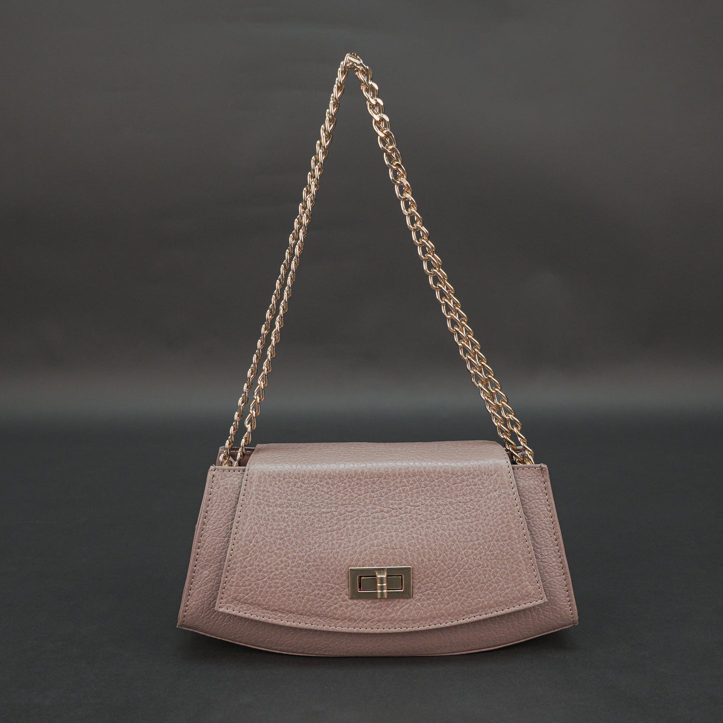 Real leather brown handbag with brass chain, zipper compartment, shoulder strap, stylish daily use bag