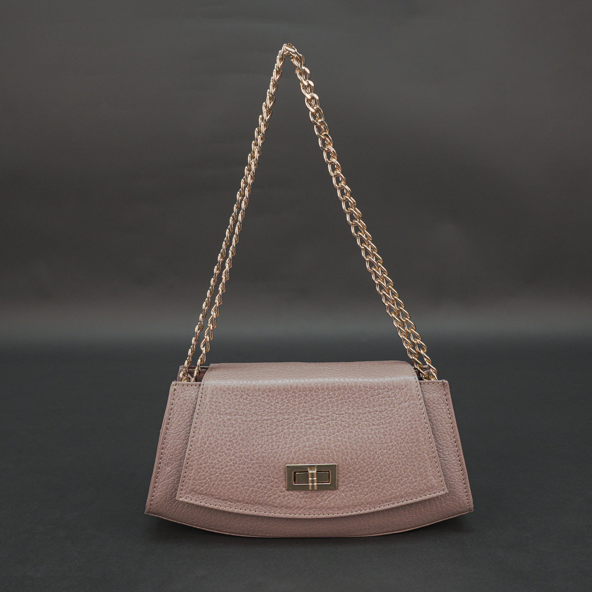 Real leather brown handbag with brass chain, zipper compartment, shoulder strap, stylish daily use bag