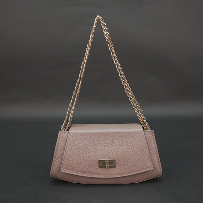 Real leather brown handbag with brass chain, zipper compartment, shoulder strap, stylish daily use bag