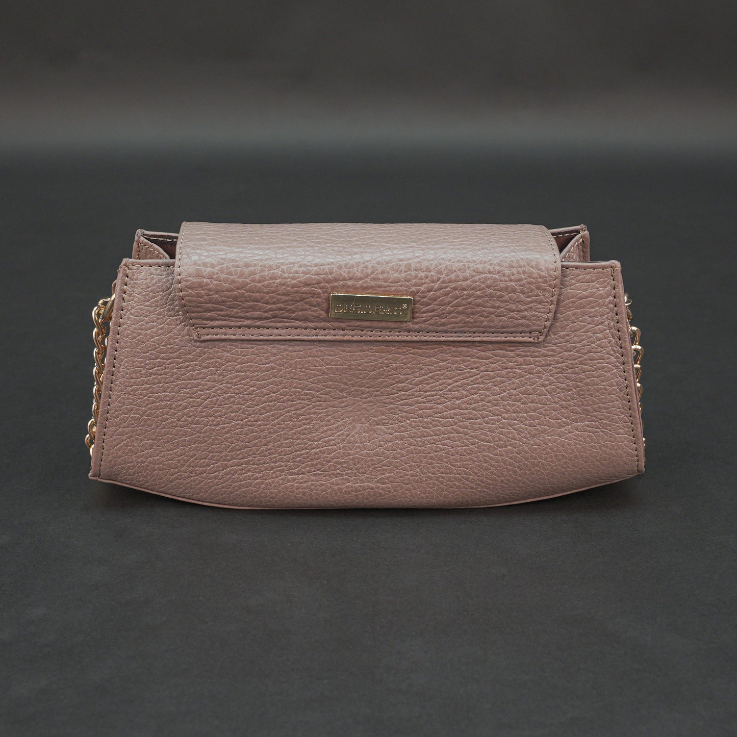 Real leather brown handbag with brass chain, zipper compartment, shoulder strap, stylish daily use bag