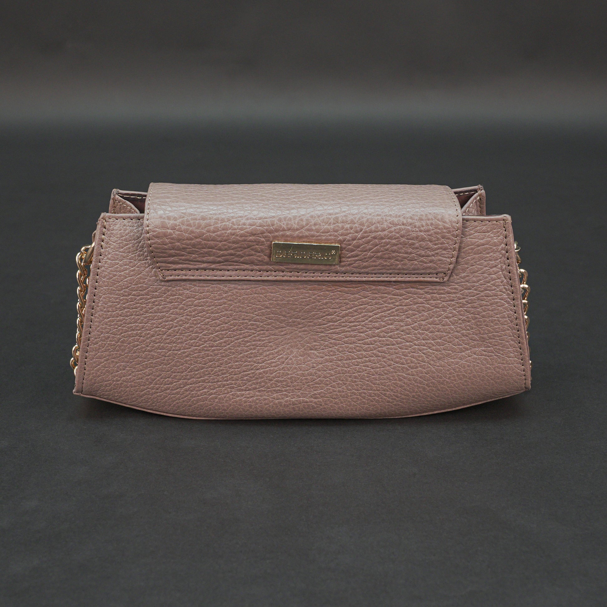 Real leather brown handbag with brass chain, zipper compartment, shoulder strap, stylish daily use bag