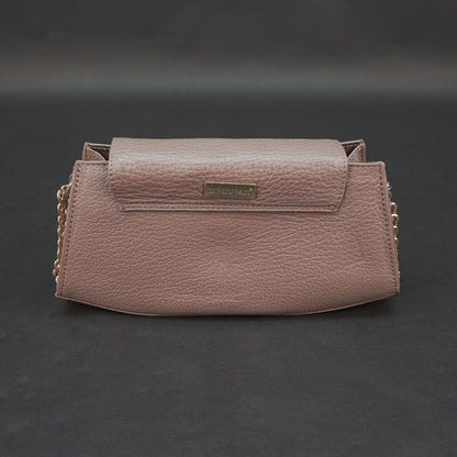 Real leather brown handbag with brass chain, zipper compartment, shoulder strap, stylish daily use bag