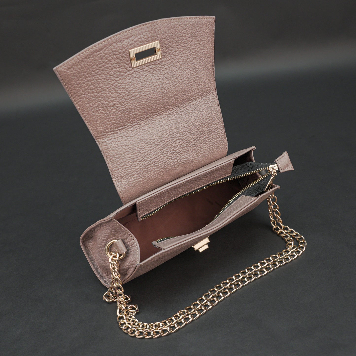 Real leather brown handbag with brass chain, zipper compartment, shoulder strap, stylish daily use bag