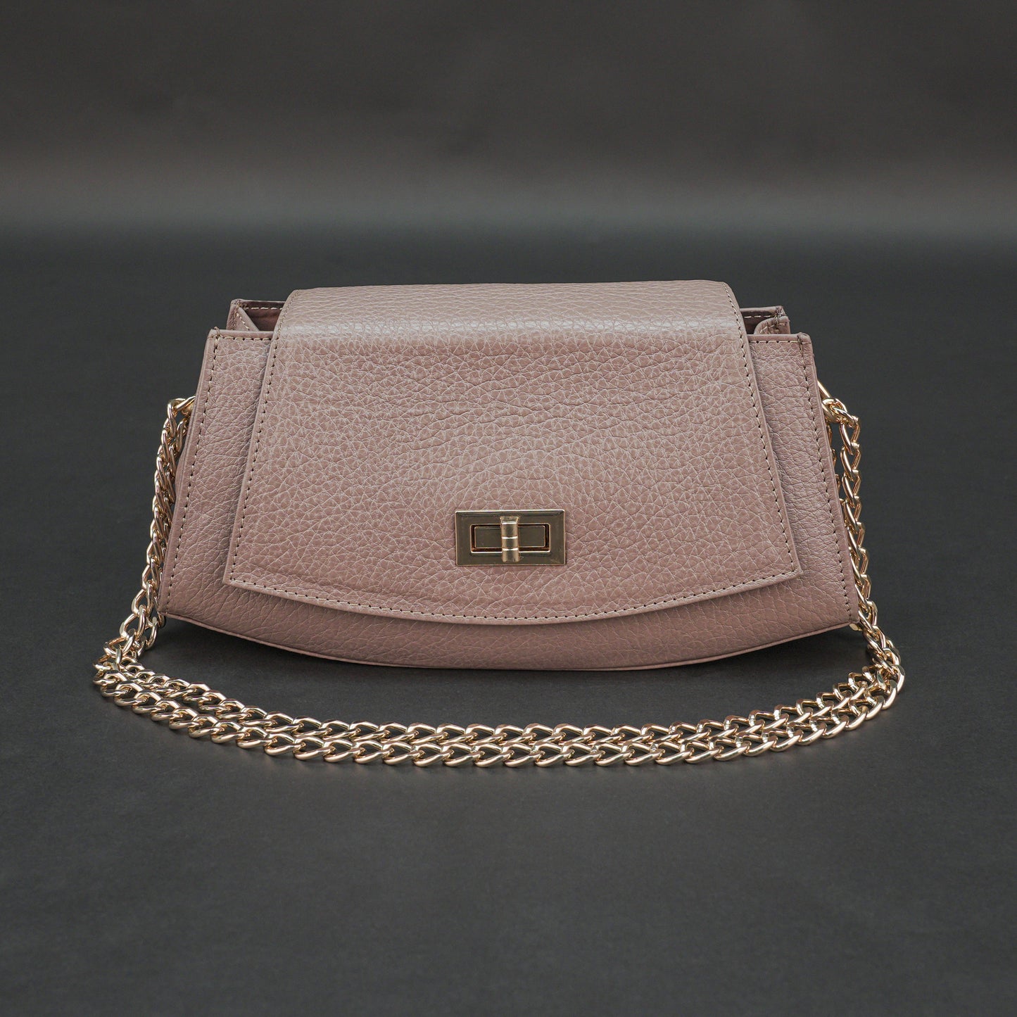 Real leather brown handbag with brass chain, zipper compartment, shoulder strap, stylish daily use bag