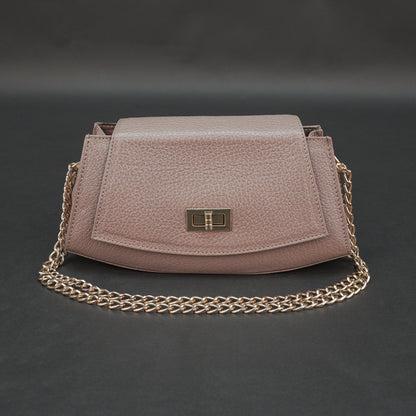 Real leather brown handbag with brass chain, zipper compartment, shoulder strap, stylish daily use bag