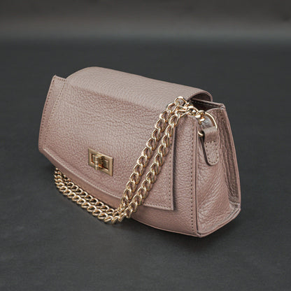 Real leather brown handbag with brass chain, zipper compartment, shoulder strap, stylish daily use bag