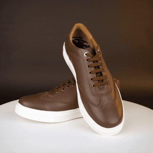 Brown cow printed leather sneakers with mesh lining and TPR sole for comfort and durability