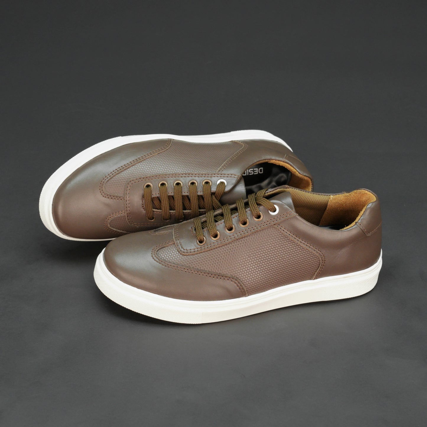 Brown cow printed leather sneakers with mesh lining and TPR sole for comfort and durability