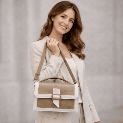 Real leather camel crossbody handbag with zipper compartment, inner pocket, shoulder strap, stylish everyday use bag