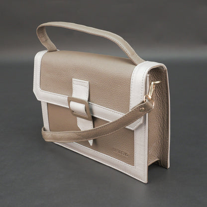 Real leather camel crossbody handbag with zipper compartment, inner pocket, shoulder strap, stylish everyday use bag