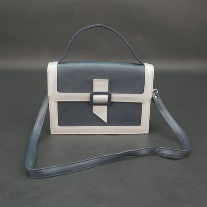 Dark blue leather crossbody handbag with zipper compartment and pocket.