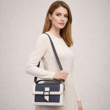 Real leather dark blue crossbody handbag with zipper compartment, inner pocket, shoulder strap, stylish everyday use bag