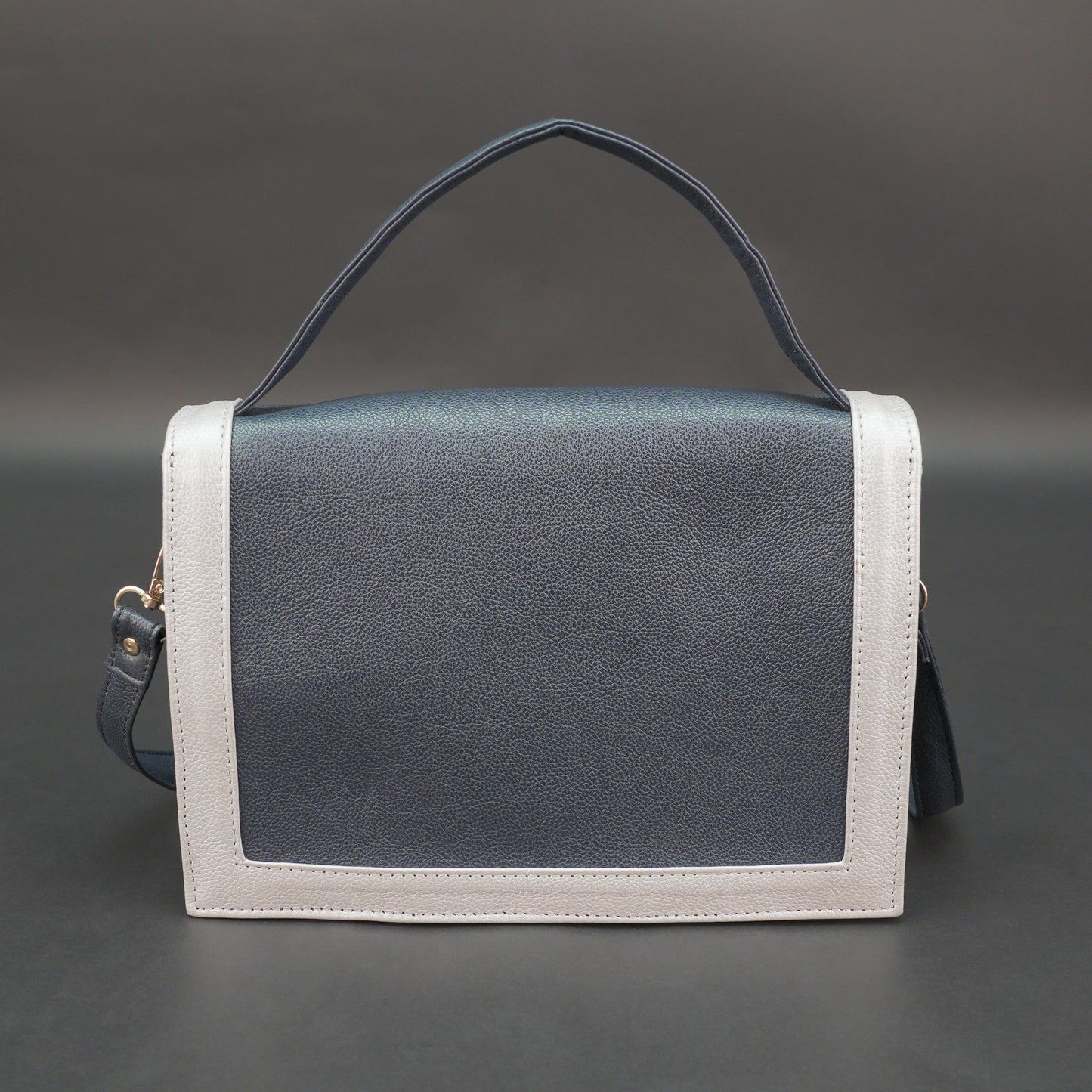 Real leather dark blue crossbody handbag with zipper compartment, inner pocket, shoulder strap, stylish everyday use bag