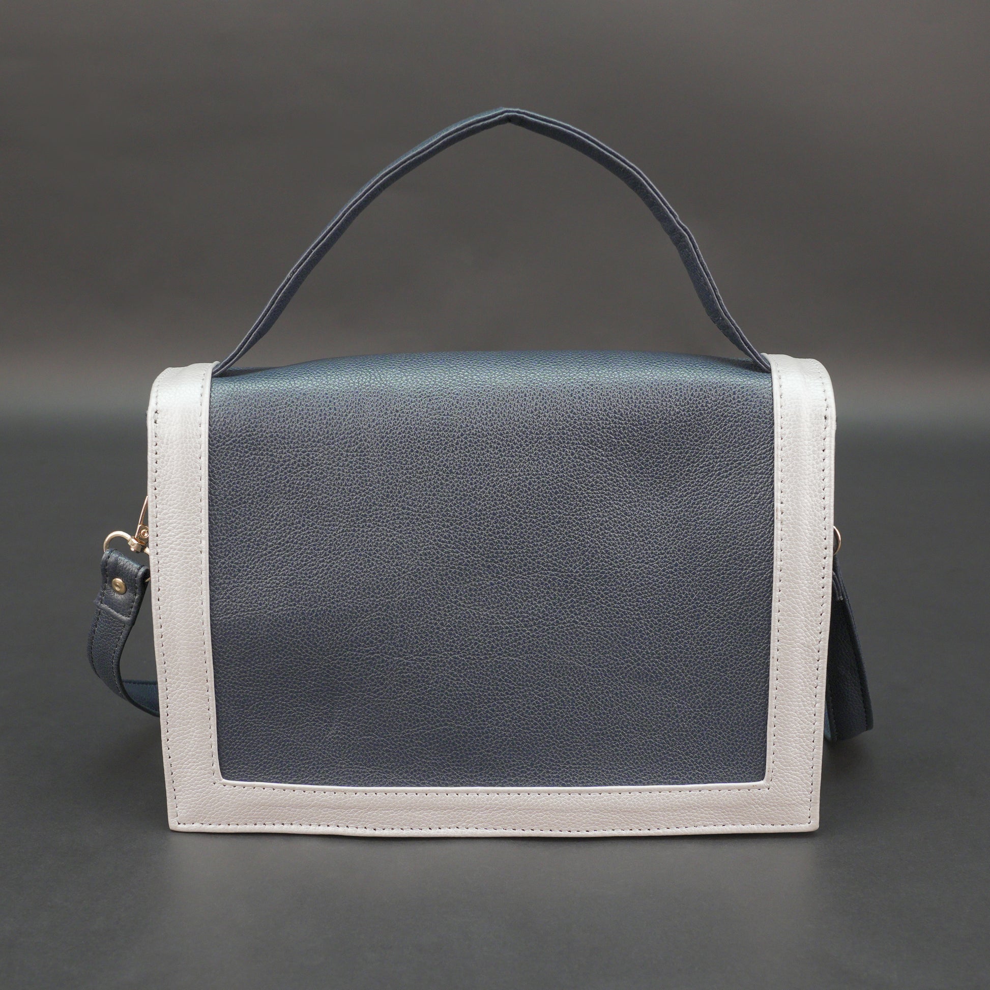 Real leather dark blue crossbody handbag with zipper compartment, inner pocket, shoulder strap, stylish everyday use bag