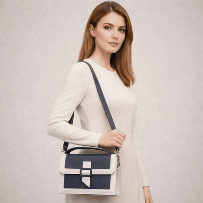 Real leather dark blue crossbody handbag with zipper compartment, inner pocket, shoulder strap, stylish everyday use bag