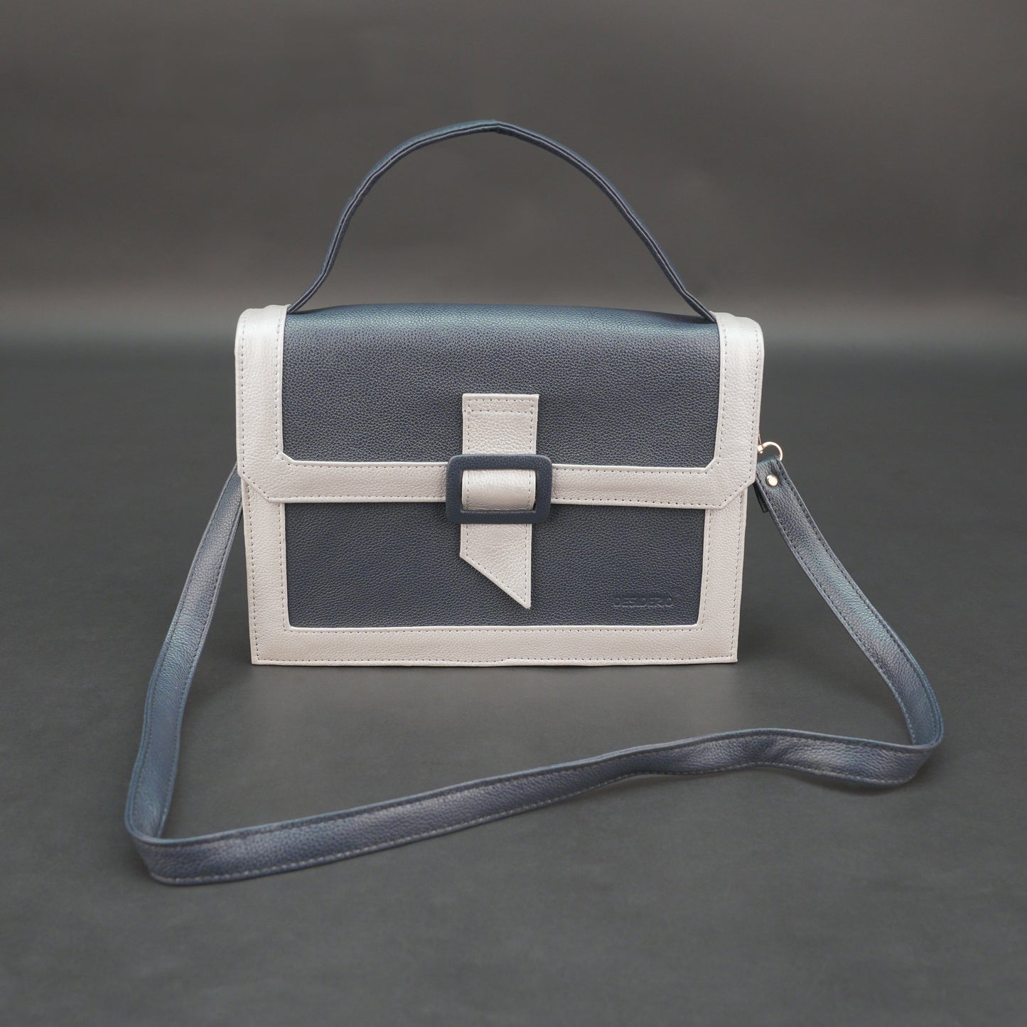 Real leather dark blue crossbody handbag with zipper compartment, inner pocket, shoulder strap, stylish everyday use bag