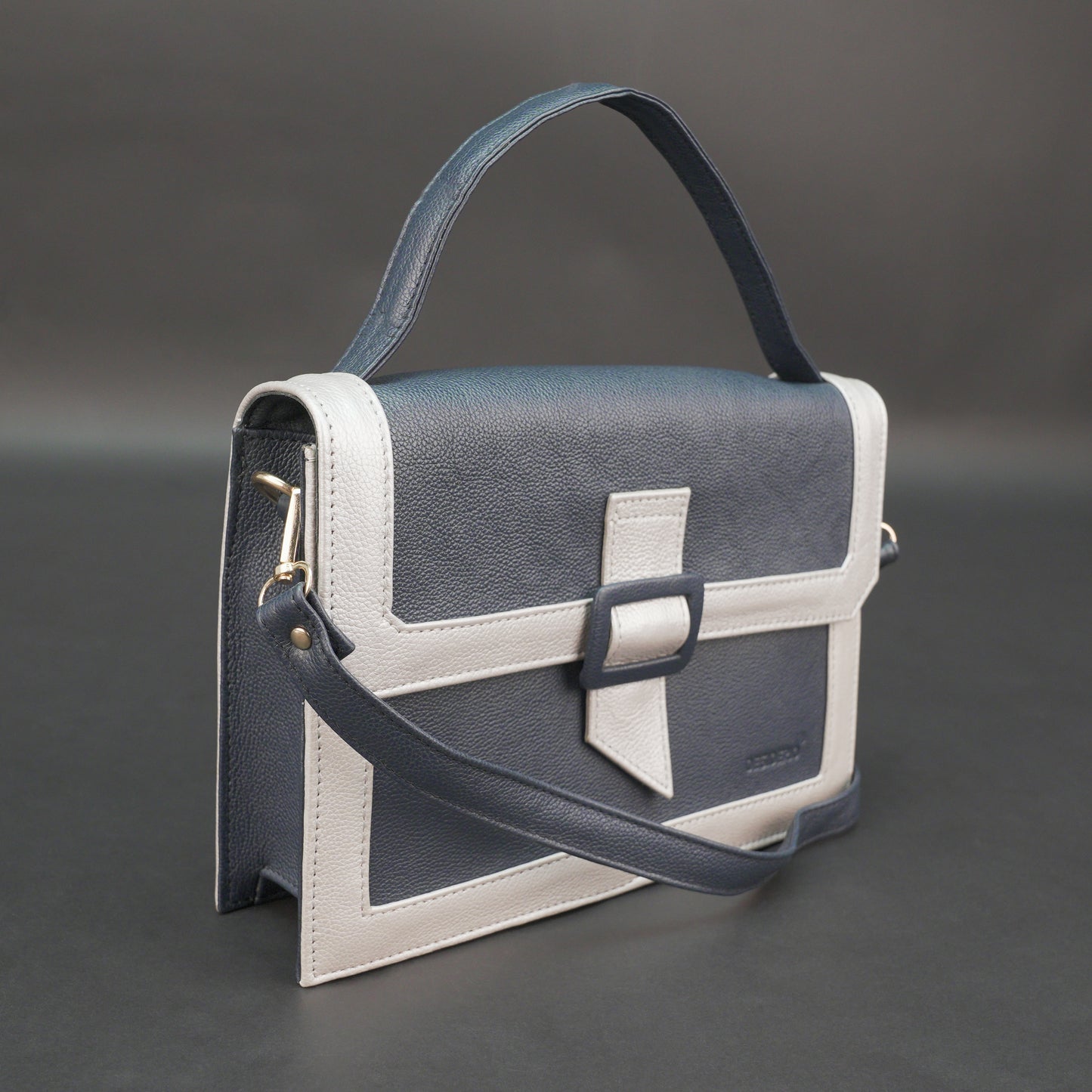 Real leather dark blue crossbody handbag with zipper compartment, inner pocket, shoulder strap, stylish everyday use bag