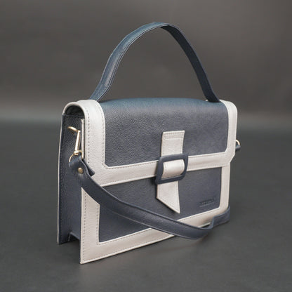 Real leather dark blue crossbody handbag with zipper compartment, inner pocket, shoulder strap, stylish everyday use bag