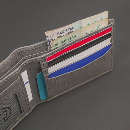 Premium grey leather wallet, sleek and compact holds 6 cards, 1 ID, and 2 cash compartments for everyday use.
