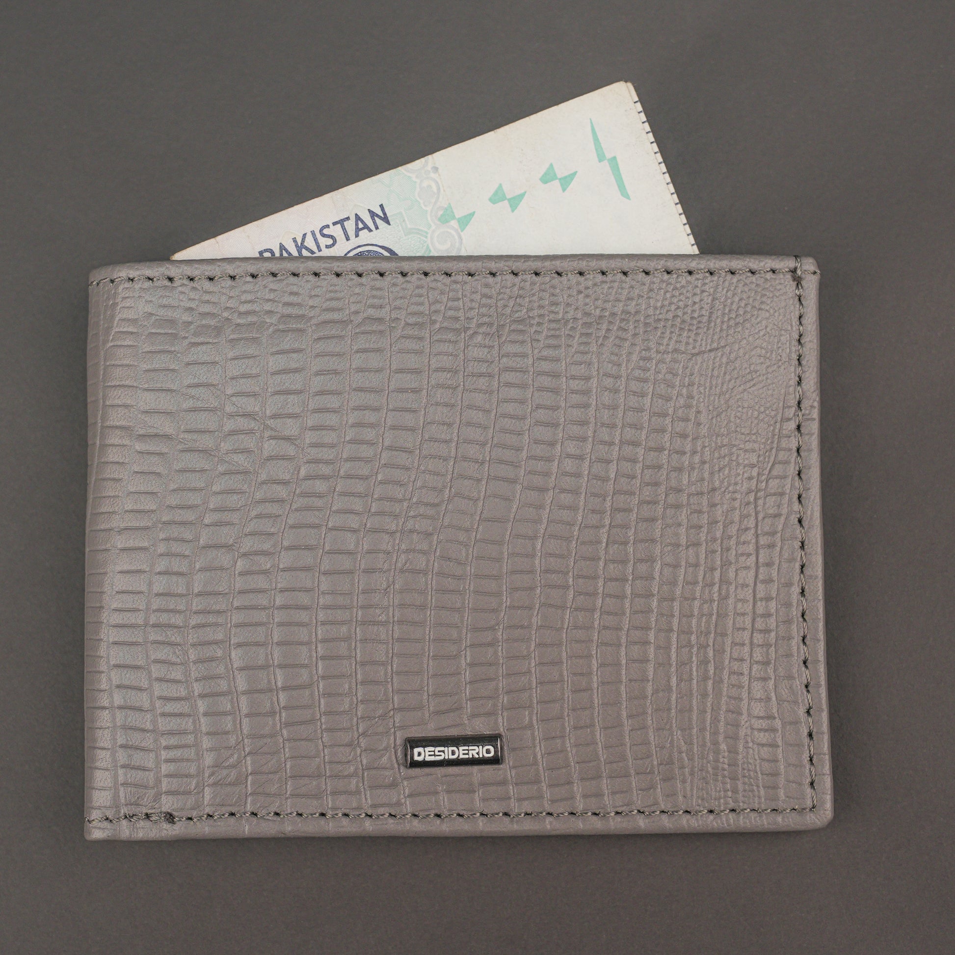 Premium grey leather wallet, sleek and compact holds 6 cards, 1 ID, and 2 cash compartments for everyday use.