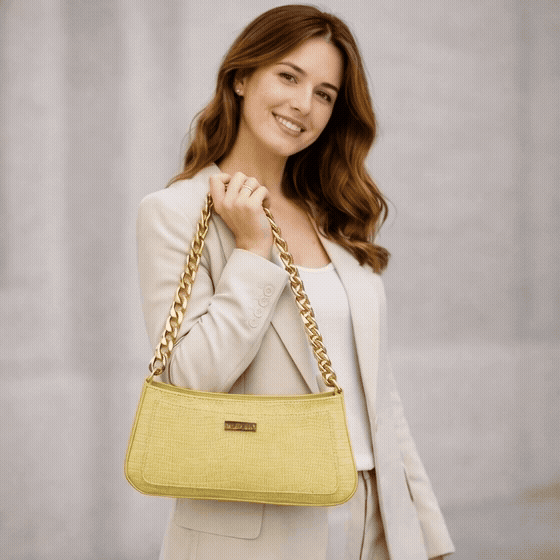 Real leather lemon yellow handbag with gold chain, main compartment, inside zipper pocket, outer pocket, shoulder strap, stylish daily use bag