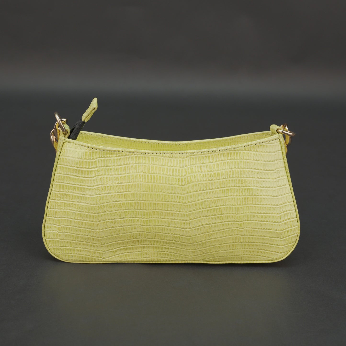 Real leather lemon yellow handbag with gold chain, main compartment, inside zipper pocket, outer pocket, shoulder strap, stylish daily use bag