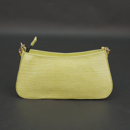 Real leather lemon yellow handbag with gold chain, main compartment, inside zipper pocket, outer pocket, shoulder strap, stylish daily use bag