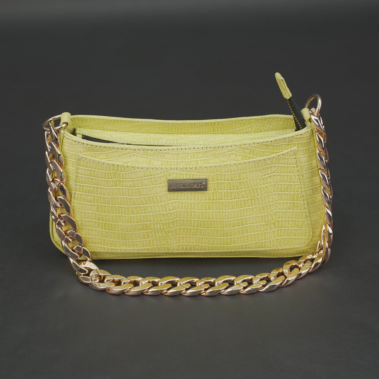 Real leather lemon yellow handbag with gold chain, main compartment, inside zipper pocket, outer pocket, shoulder strap, stylish daily use bag