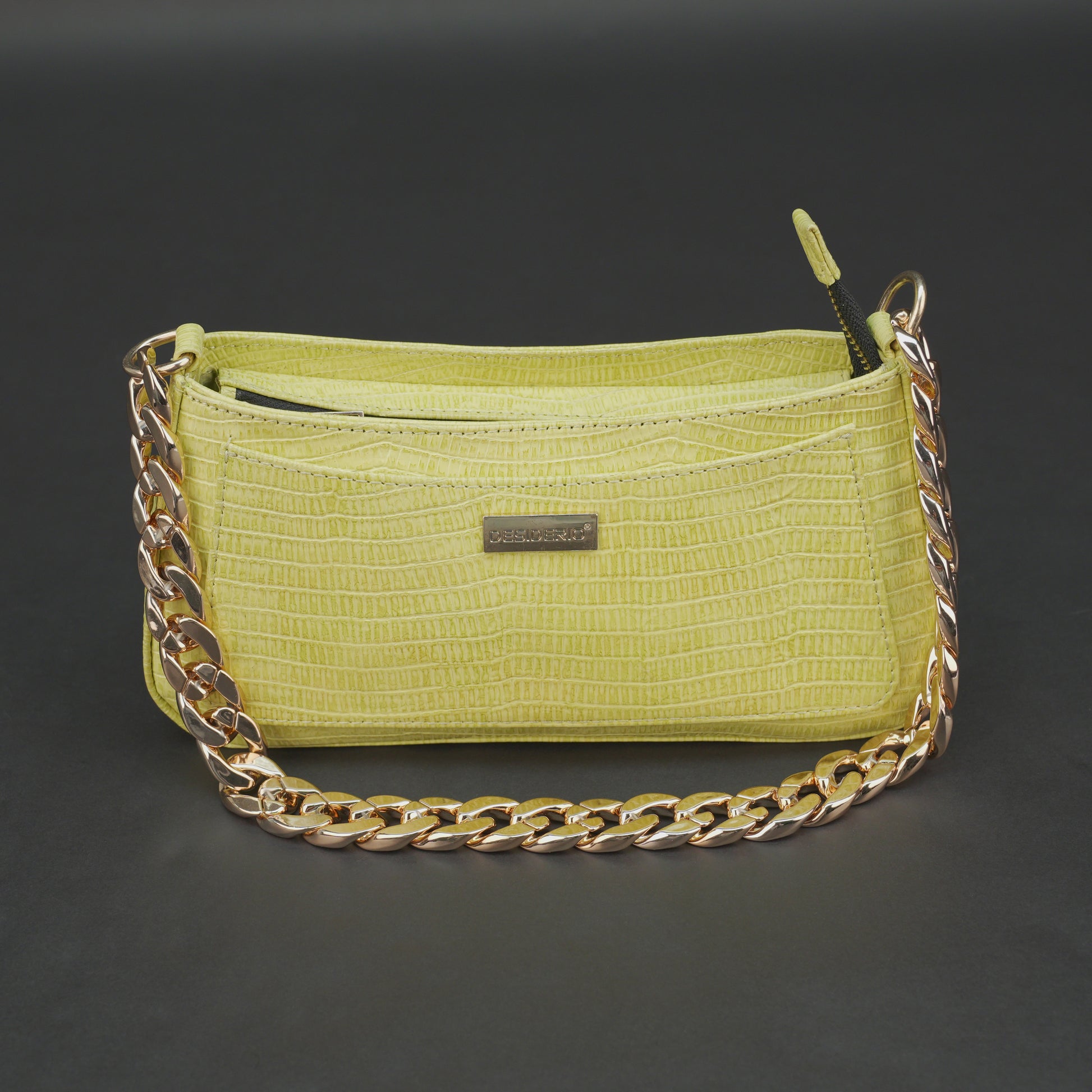 Real leather lemon yellow handbag with gold chain, main compartment, inside zipper pocket, outer pocket, shoulder strap, stylish daily use bag