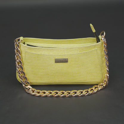 Real leather lemon yellow handbag with gold chain, main compartment, inside zipper pocket, outer pocket, shoulder strap, stylish daily use bag