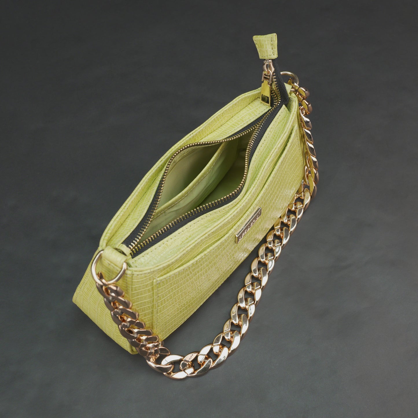 Real leather lemon yellow handbag with gold chain, main compartment, inside zipper pocket, outer pocket, shoulder strap, stylish daily use bag