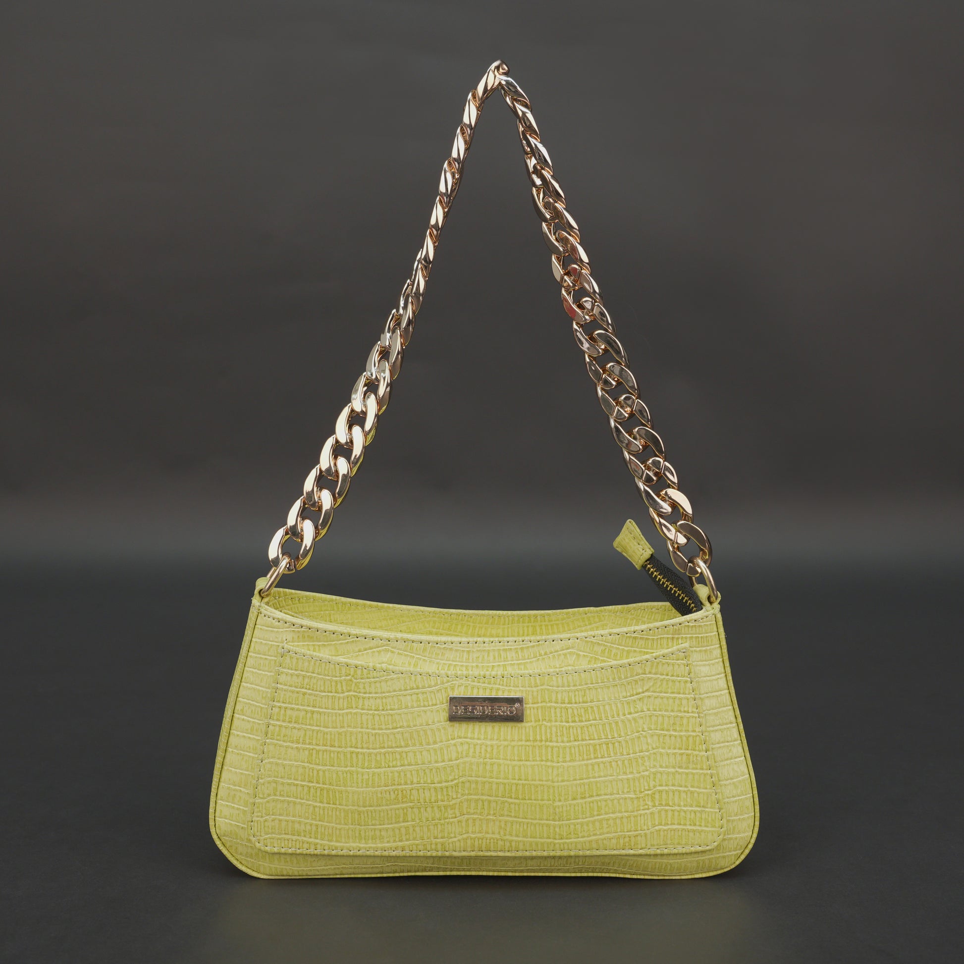 Real leather lemon yellow handbag with gold chain, main compartment, inside zipper pocket, outer pocket, shoulder strap, stylish daily use bag