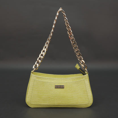 Real leather lemon yellow handbag with gold chain, main compartment, inside zipper pocket, outer pocket, shoulder strap, stylish daily use bag