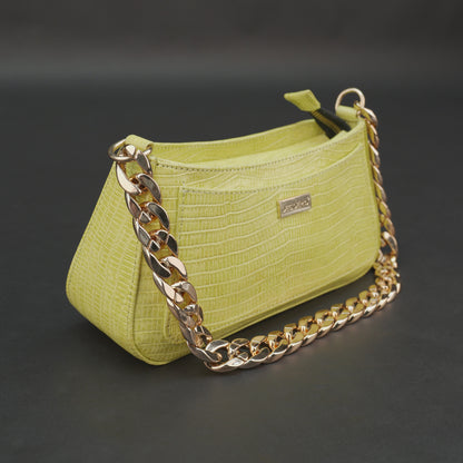 Real leather lemon yellow handbag with gold chain, main compartment, inside zipper pocket, outer pocket, shoulder strap, stylish daily use bag